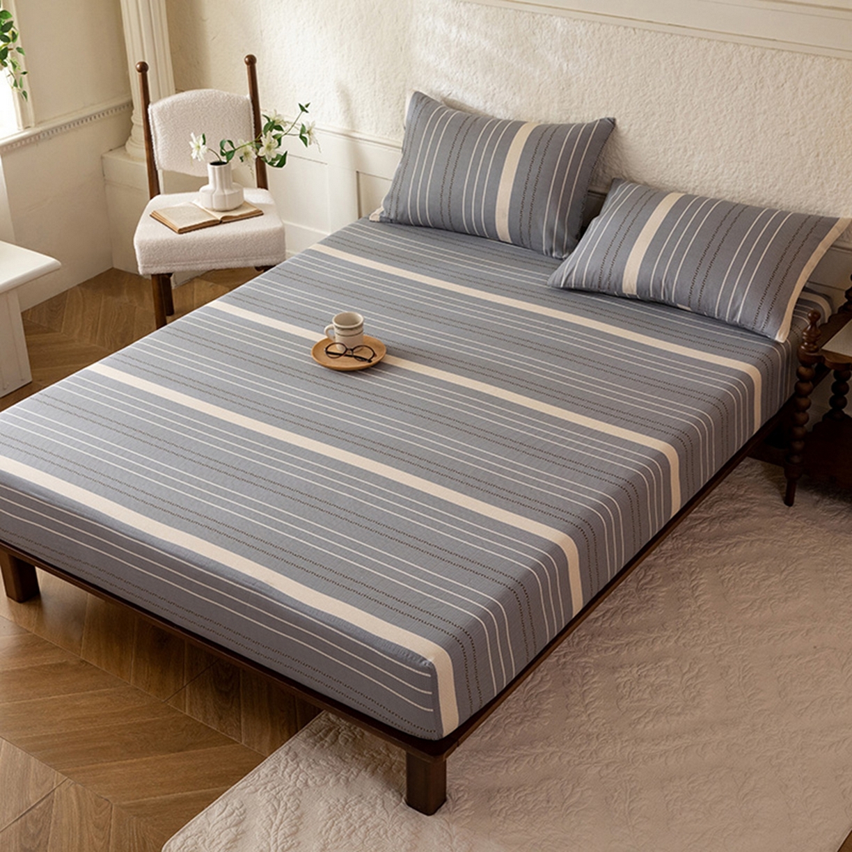 91家纺网 家纺一手货源 找家纺 八十八家纺 2026新款无印风全棉纯棉斜纹条格单床笠床笠单件单品床笠 木几