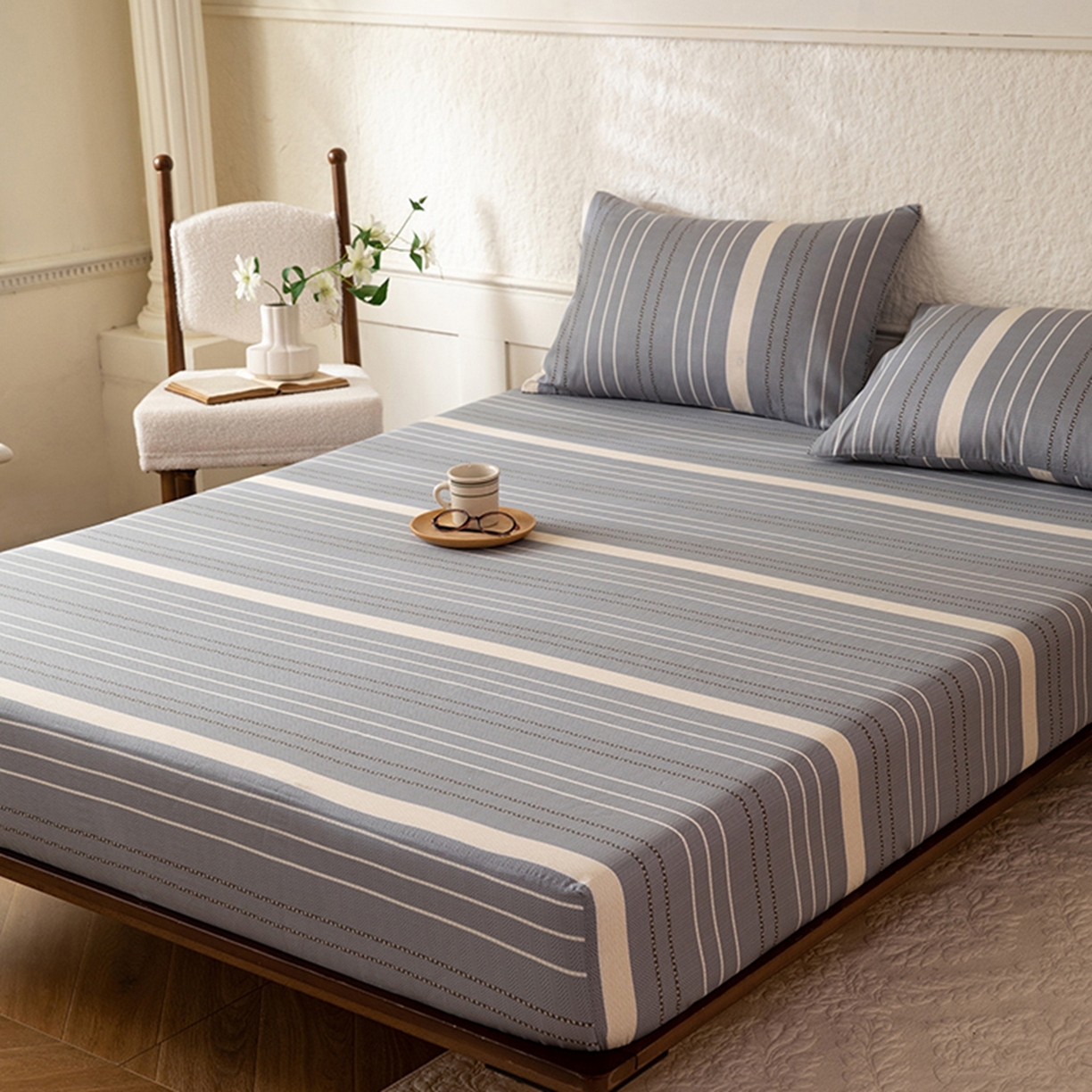 91家纺网 家纺一手货源 找家纺 八十八家纺 2026新款无印风全棉纯棉斜纹条格单床笠床笠单件单品床笠 木几