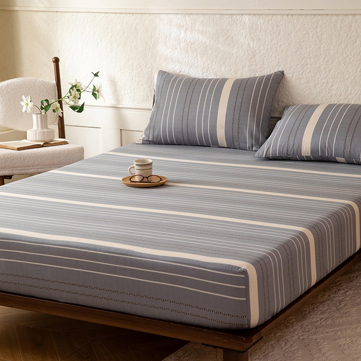 91家纺网 家纺一手货源 找家纺 八十八家纺 2026新款无印风全棉纯棉斜纹条格单床笠床笠单件单品床笠 木几