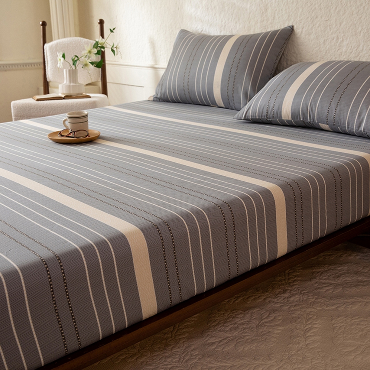 91家纺网 家纺一手货源 找家纺 八十八家纺 2026新款无印风全棉纯棉斜纹条格单床笠床笠单件单品床笠 木几