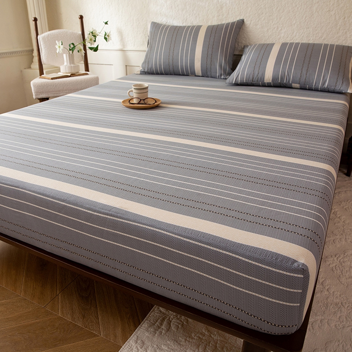 91家纺网 家纺一手货源 找家纺 八十八家纺 2026新款无印风全棉纯棉斜纹条格单床笠床笠单件单品床笠 木几