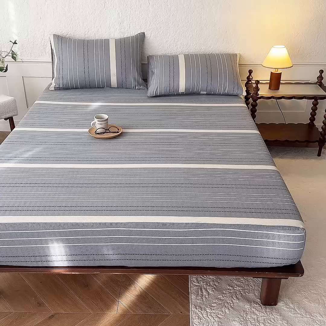 91家纺网 家纺一手货源 找家纺 八十八家纺 2026新款无印风全棉纯棉斜纹条格单床笠床笠单件单品床笠 木几