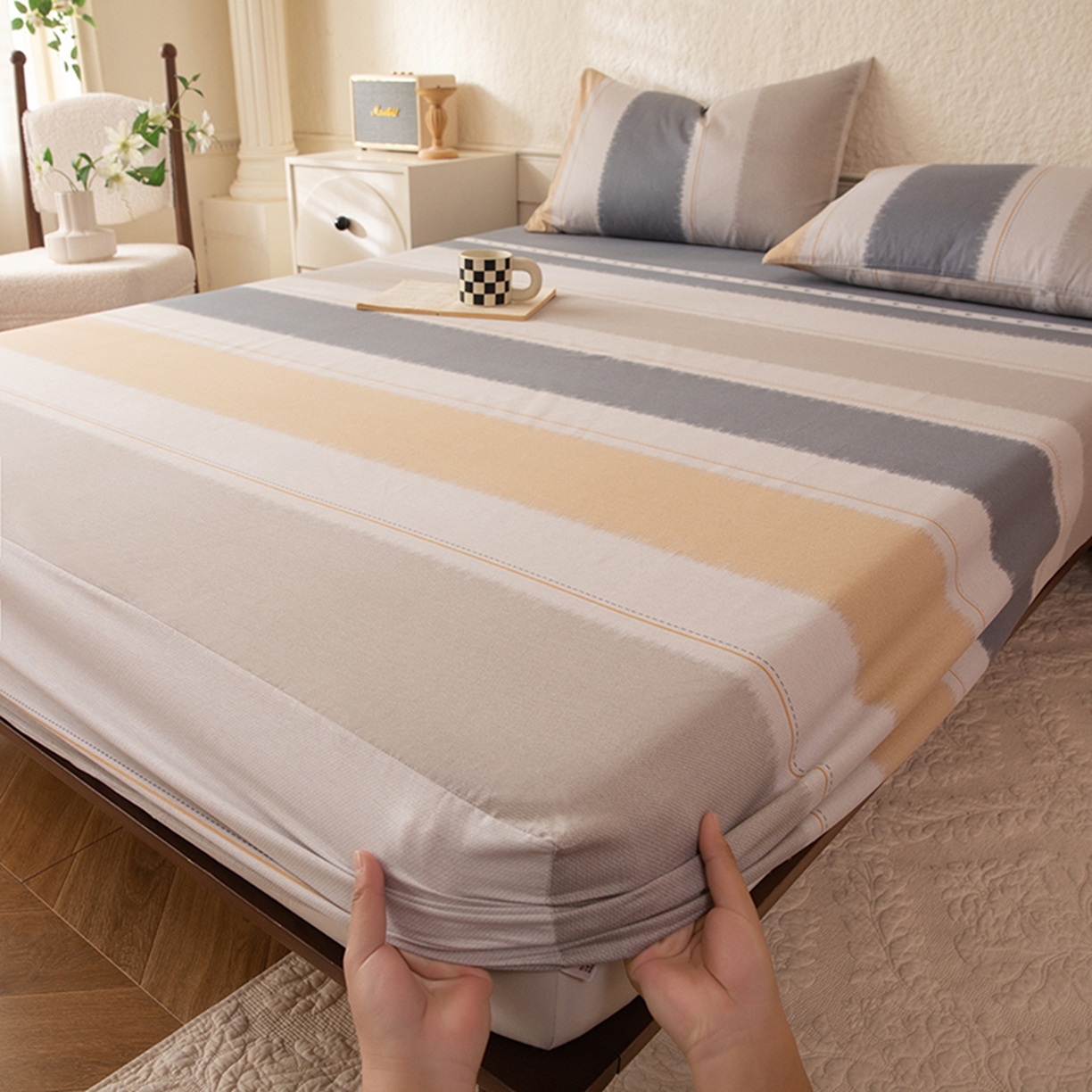 八十八家纺 2026新款无印风全棉纯棉斜纹条格单床笠床笠单件单品床笠 木兰