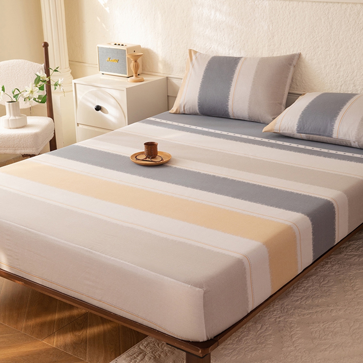 91家纺网 家纺一手货源 找家纺 八十八家纺 2026新款无印风全棉纯棉斜纹条格单床笠床笠单件单品床笠 木兰