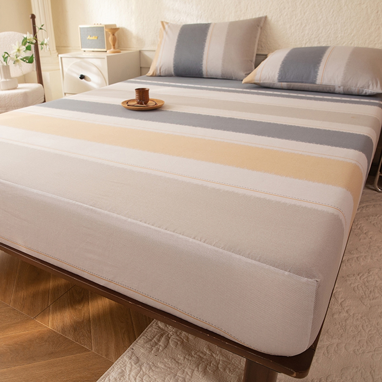 91家纺网 家纺一手货源 找家纺 八十八家纺 2026新款无印风全棉纯棉斜纹条格单床笠床笠单件单品床笠 木兰