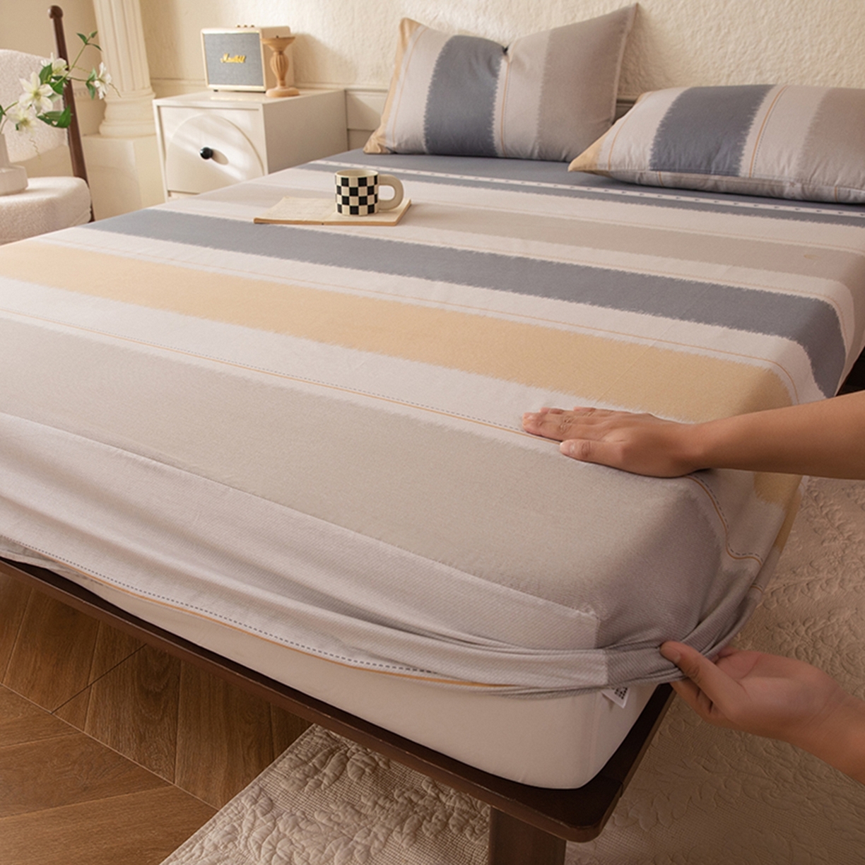 91家纺网 家纺一手货源 找家纺 八十八家纺 2026新款无印风全棉纯棉斜纹条格单床笠床笠单件单品床笠 木兰