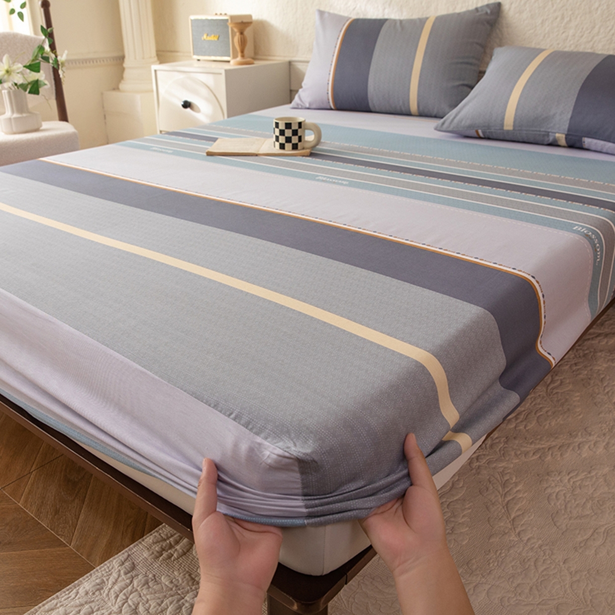 八十八家纺 2026新款无印风全棉纯棉斜纹条格单床笠床笠单件单品床笠 木思