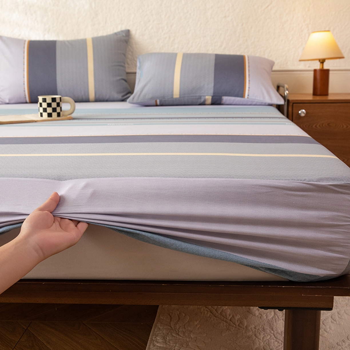 91家纺网 家纺一手货源 找家纺 八十八家纺 2026新款无印风全棉纯棉斜纹条格单床笠床笠单件单品床笠 木思