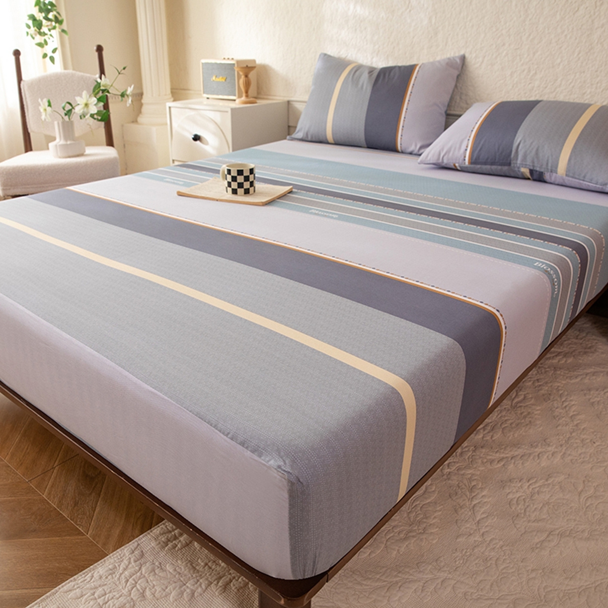 91家纺网 家纺一手货源 找家纺 八十八家纺 2026新款无印风全棉纯棉斜纹条格单床笠床笠单件单品床笠 木思