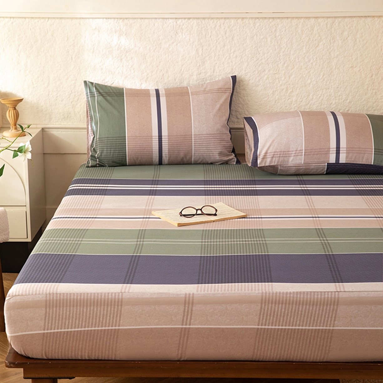 91家纺网 家纺一手货源 找家纺 八十八家纺 2026新款无印风全棉纯棉斜纹条格单床笠床笠单件单品床笠 木夕