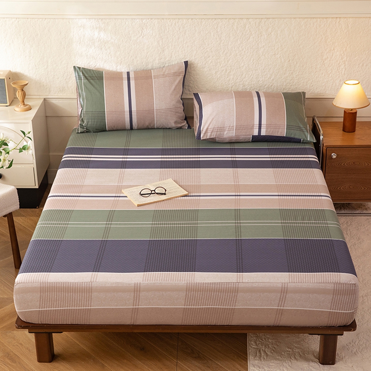 91家纺网 家纺一手货源 找家纺 八十八家纺 2026新款无印风全棉纯棉斜纹条格单床笠床笠单件单品床笠 木夕