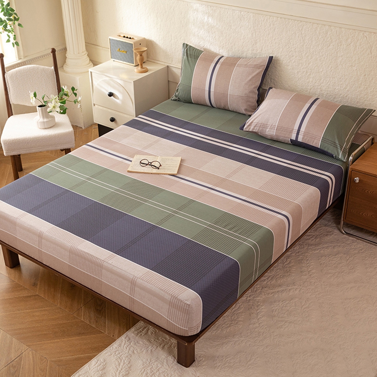 91家纺网 家纺一手货源 找家纺 八十八家纺 2026新款无印风全棉纯棉斜纹条格单床笠床笠单件单品床笠 木夕