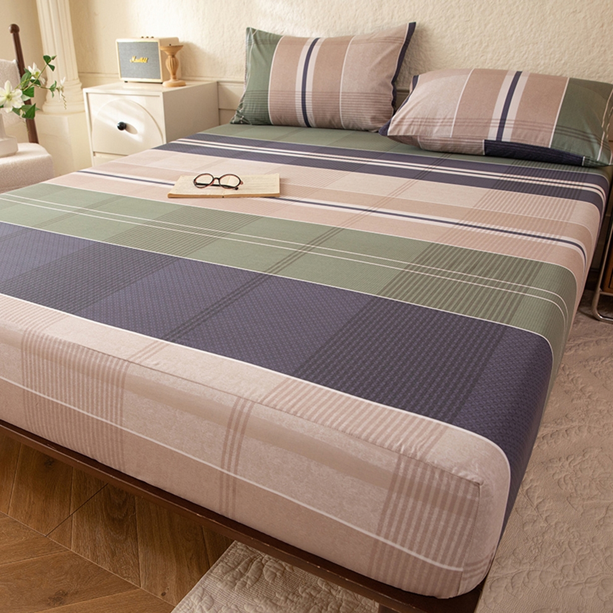 91家纺网 家纺一手货源 找家纺 八十八家纺 2026新款无印风全棉纯棉斜纹条格单床笠床笠单件单品床笠 木夕