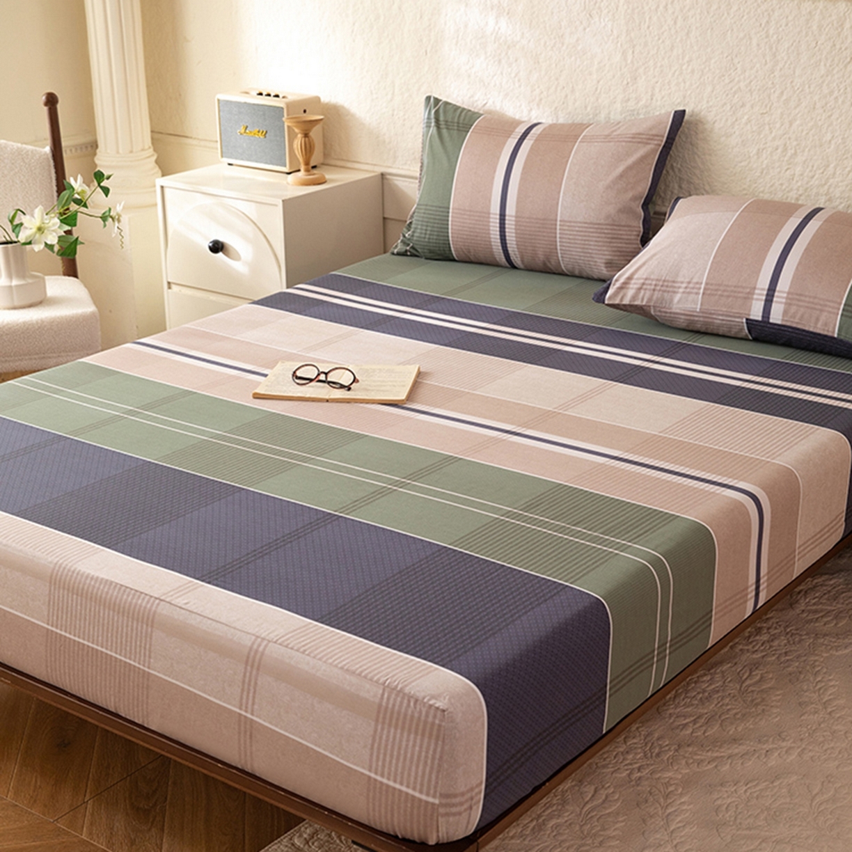 91家纺网 家纺一手货源 找家纺 八十八家纺 2026新款无印风全棉纯棉斜纹条格单床笠床笠单件单品床笠 木夕