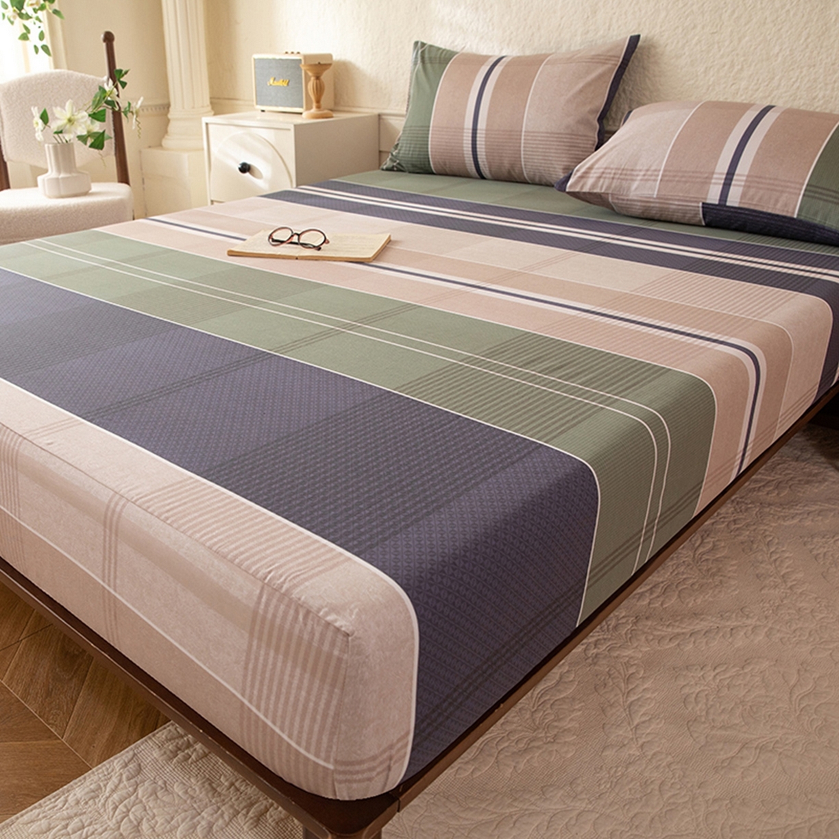 91家纺网 家纺一手货源 找家纺 八十八家纺 2026新款无印风全棉纯棉斜纹条格单床笠床笠单件单品床笠 木夕