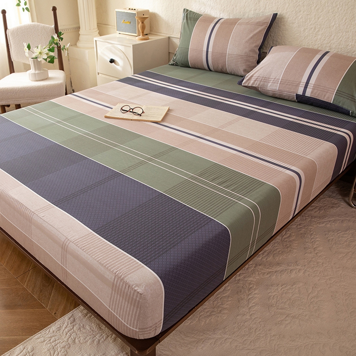 91家纺网 家纺一手货源 找家纺 八十八家纺 2026新款无印风全棉纯棉斜纹条格单床笠床笠单件单品床笠 木夕