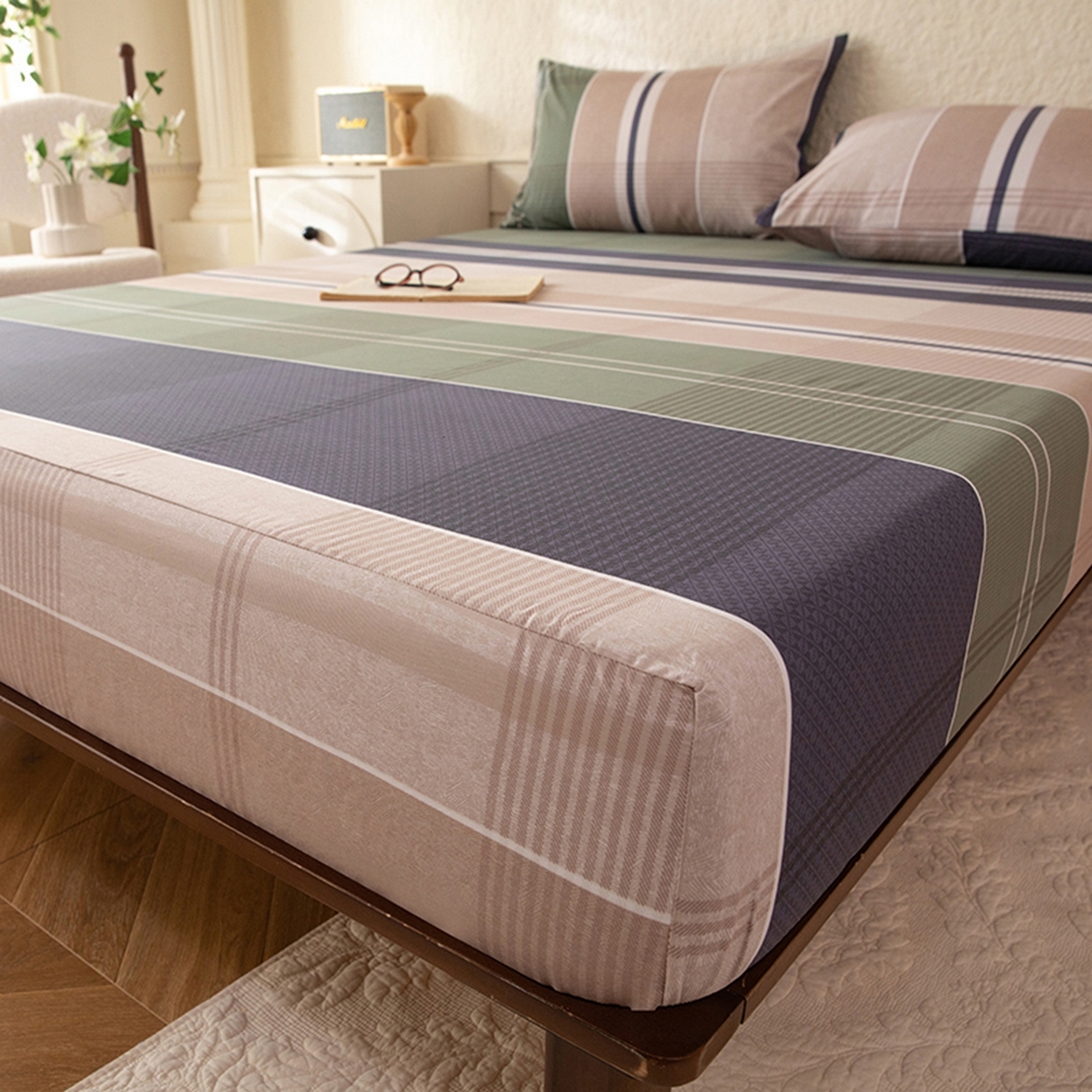 91家纺网 家纺一手货源 找家纺 八十八家纺 2026新款无印风全棉纯棉斜纹条格单床笠床笠单件单品床笠 木夕