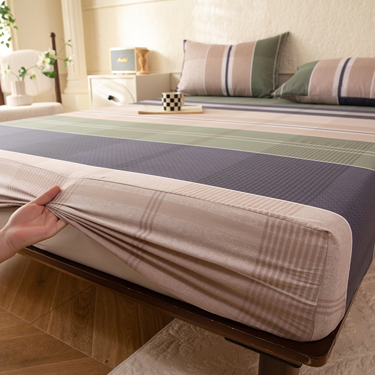 91家纺网 家纺一手货源 找家纺 八十八家纺 2026新款无印风全棉纯棉斜纹条格单床笠床笠单件单品床笠 木夕