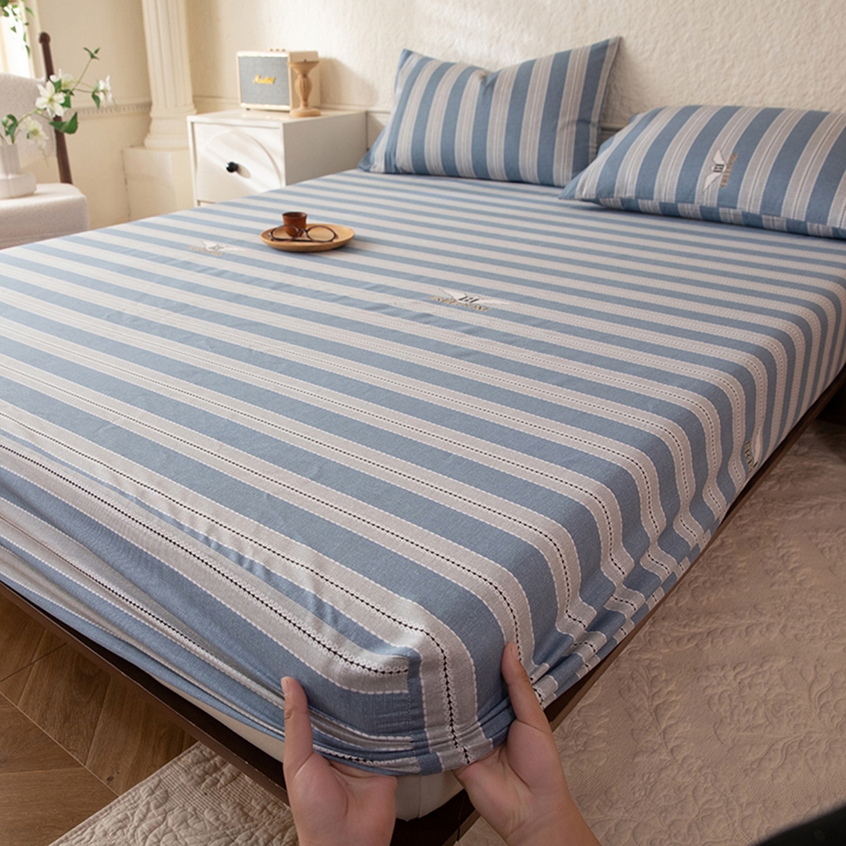 八十八家纺 2026新款无印风全棉纯棉斜纹条格单床笠床笠单件单品床笠 木夏