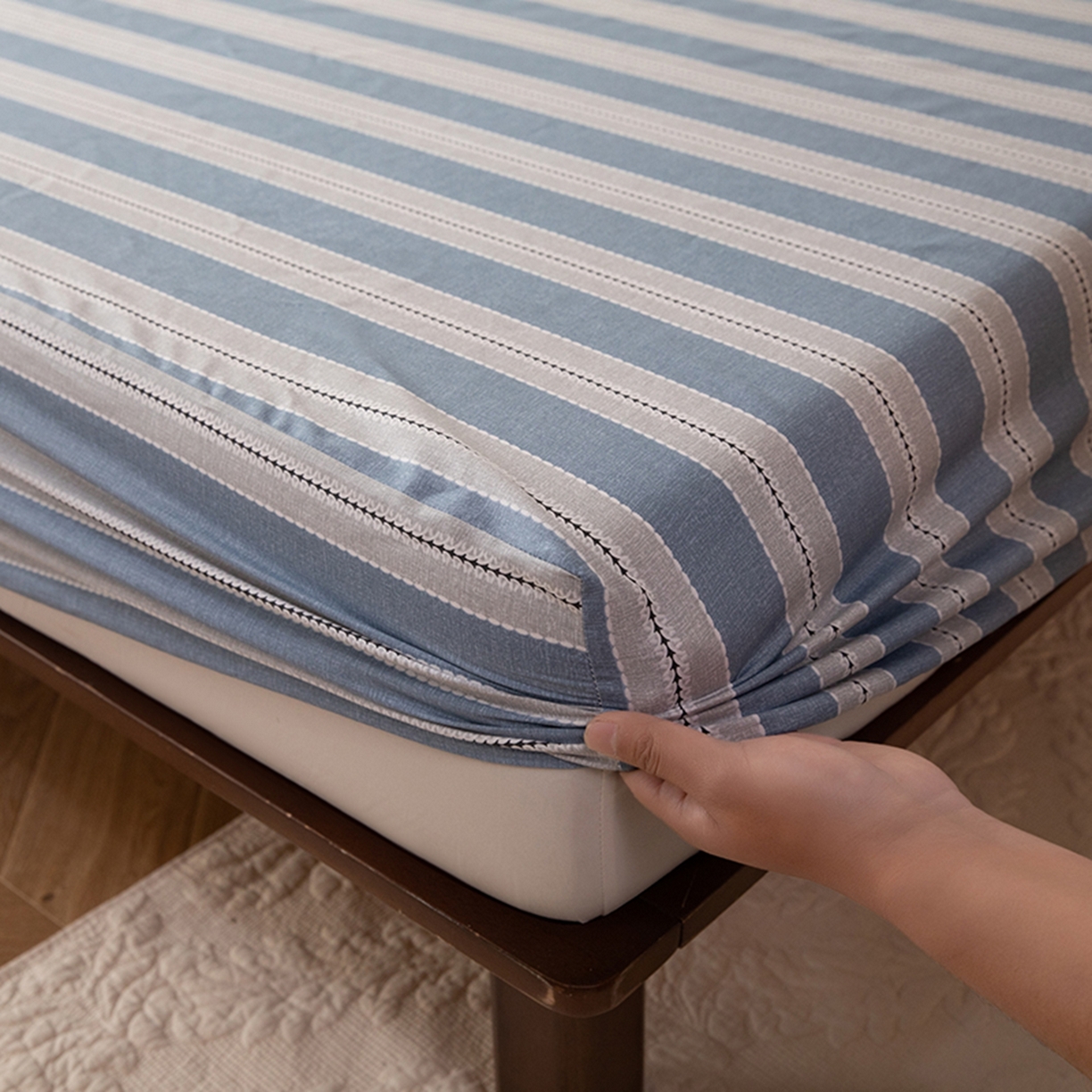 91家纺网 家纺一手货源 找家纺 八十八家纺 2026新款无印风全棉纯棉斜纹条格单床笠床笠单件单品床笠 木夏