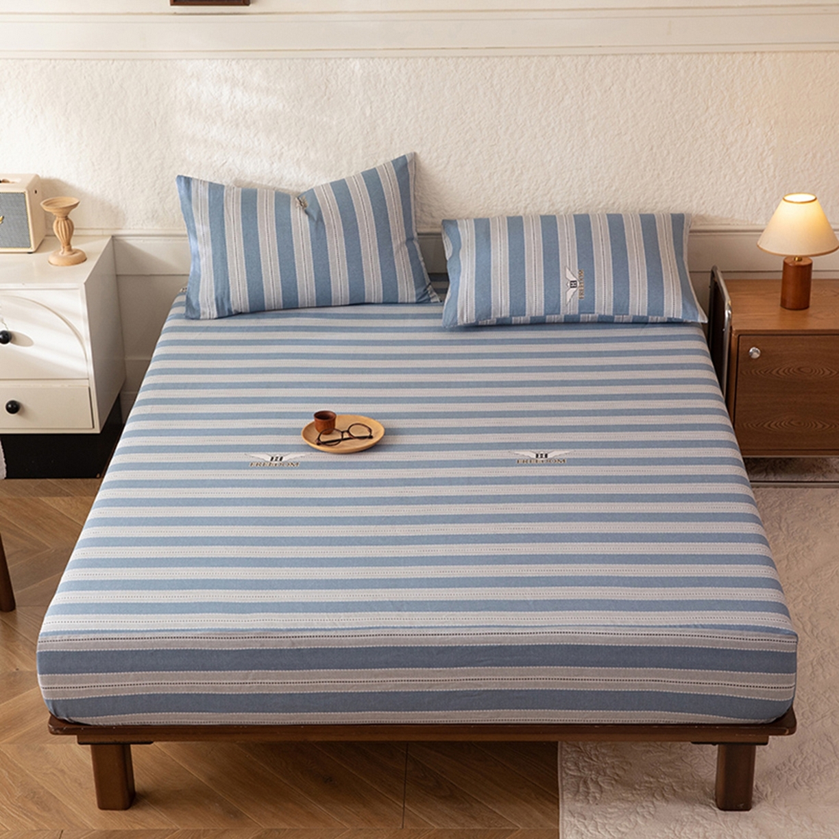 91家纺网 家纺一手货源 找家纺 八十八家纺 2026新款无印风全棉纯棉斜纹条格单床笠床笠单件单品床笠 木夏