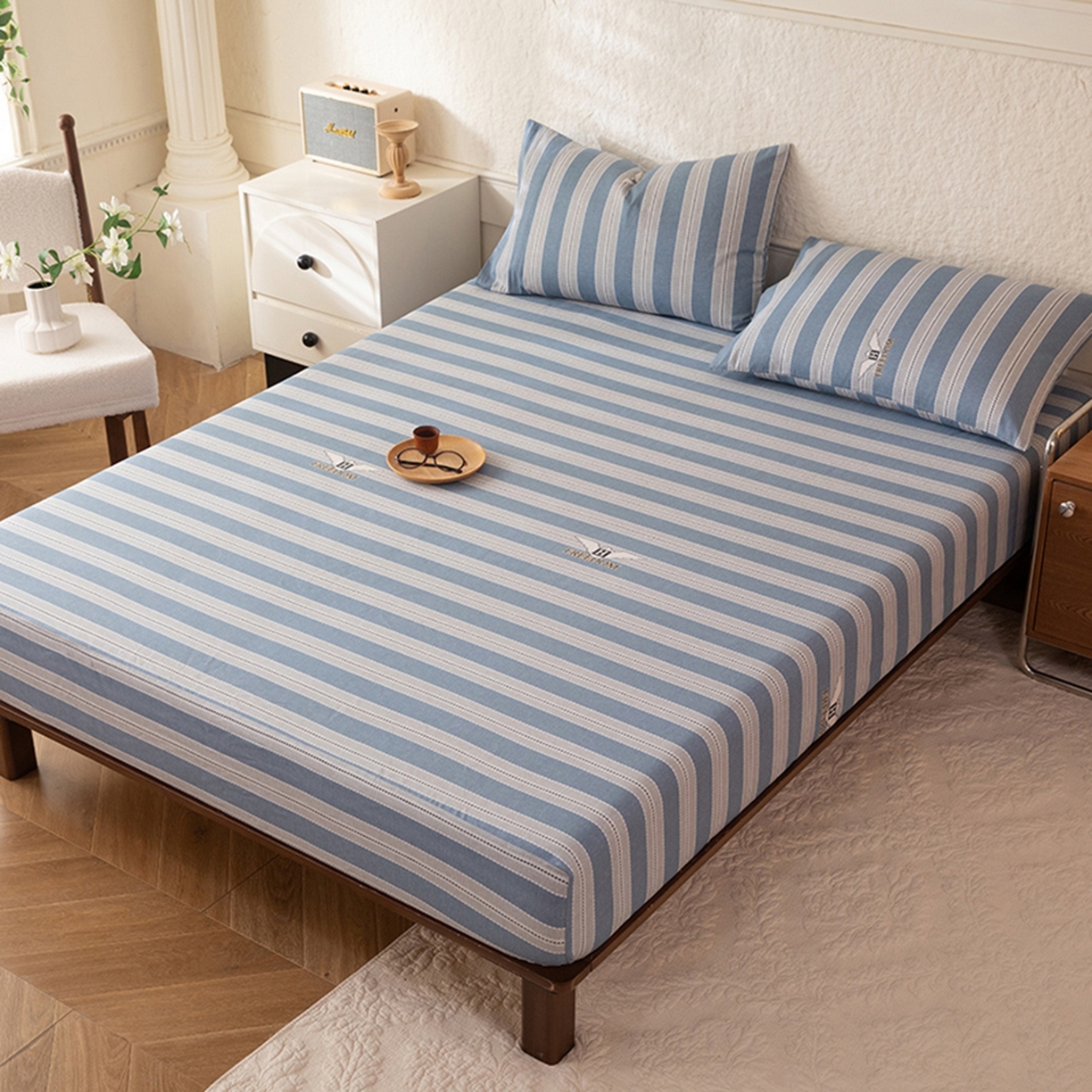 91家纺网 家纺一手货源 找家纺 八十八家纺 2026新款无印风全棉纯棉斜纹条格单床笠床笠单件单品床笠 木夏