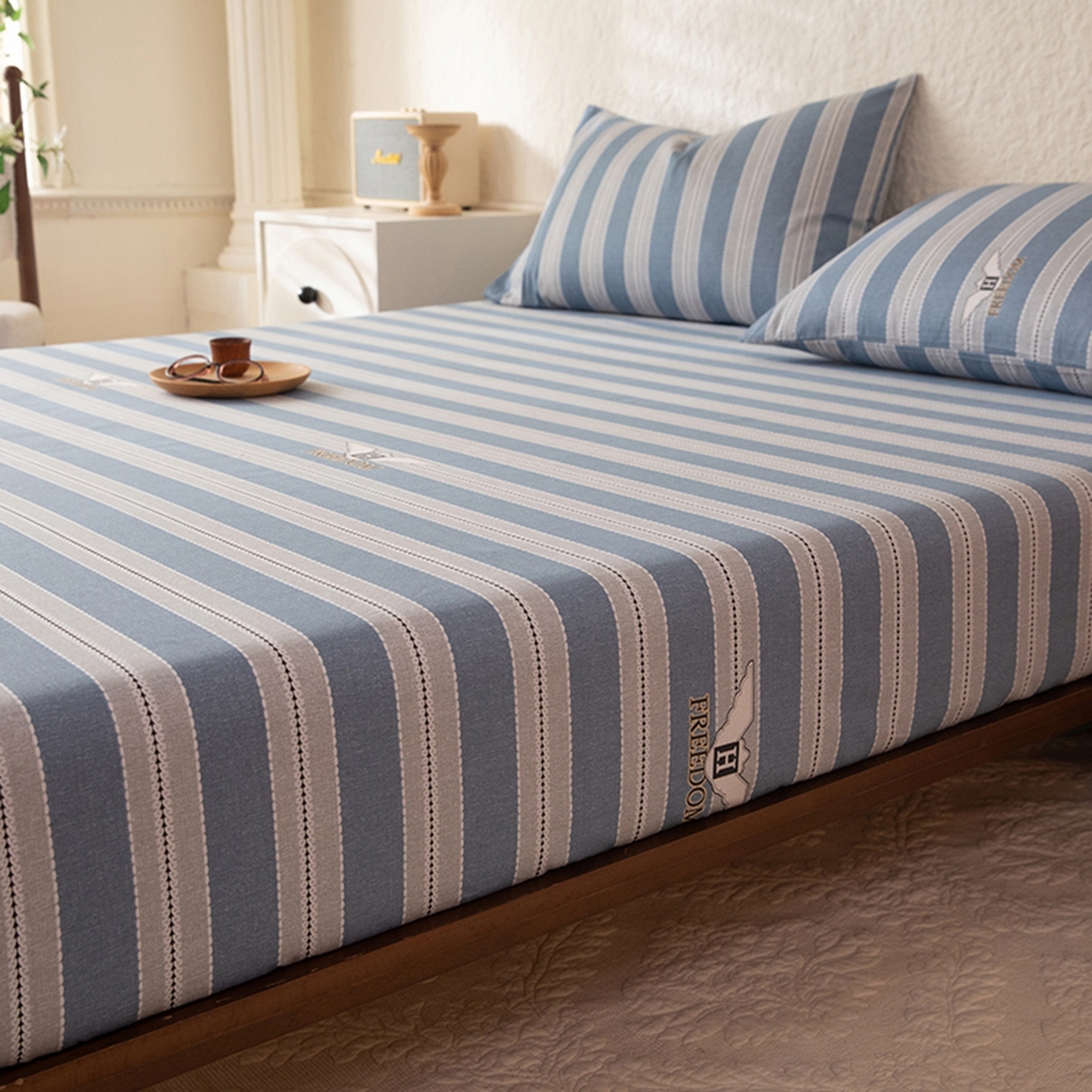 91家纺网 家纺一手货源 找家纺 八十八家纺 2026新款无印风全棉纯棉斜纹条格单床笠床笠单件单品床笠 木夏