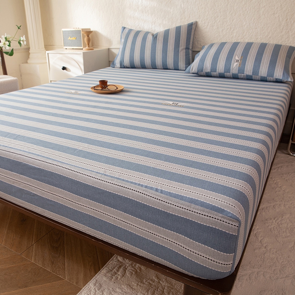 91家纺网 家纺一手货源 找家纺 八十八家纺 2026新款无印风全棉纯棉斜纹条格单床笠床笠单件单品床笠 木夏