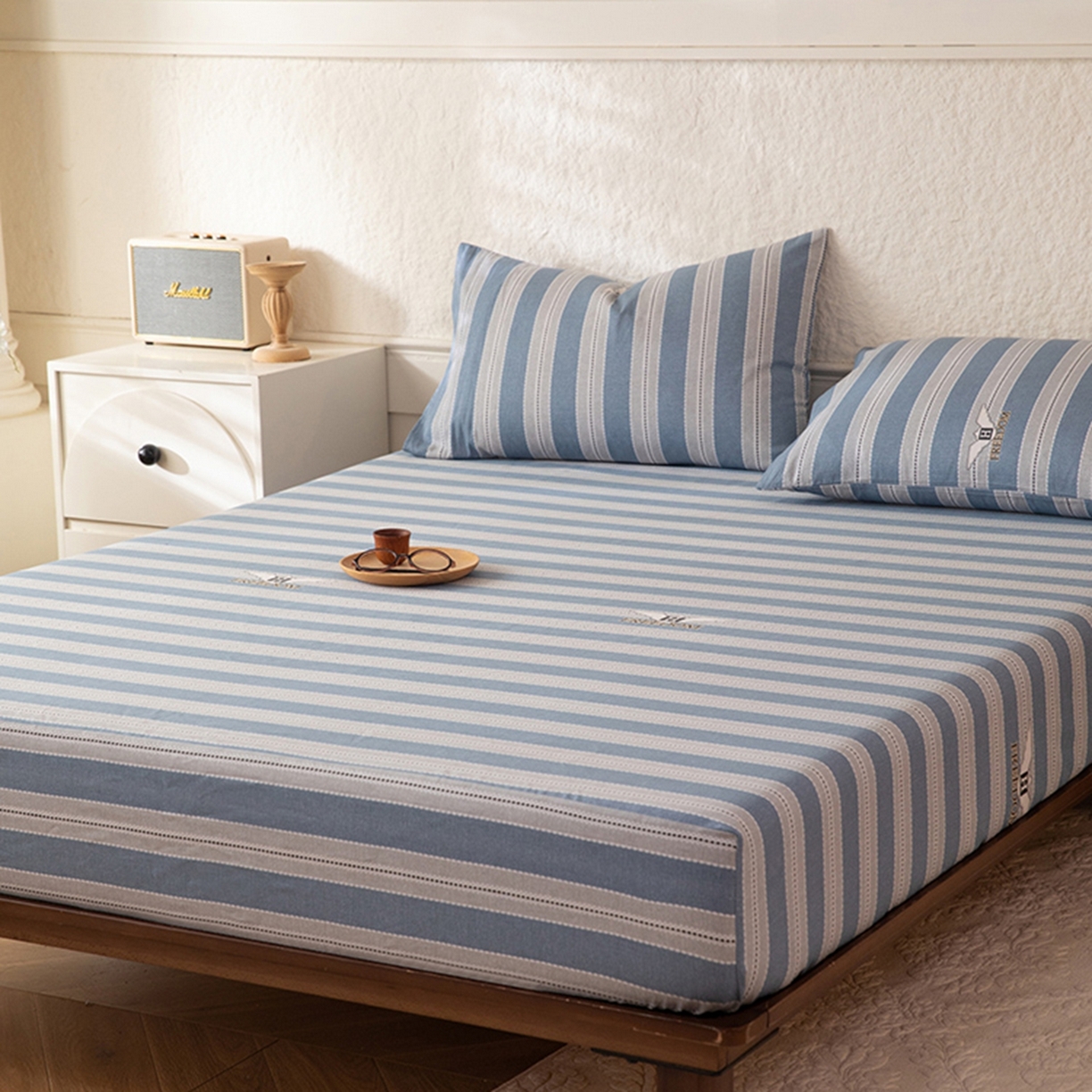 91家纺网 家纺一手货源 找家纺 八十八家纺 2026新款无印风全棉纯棉斜纹条格单床笠床笠单件单品床笠 木夏