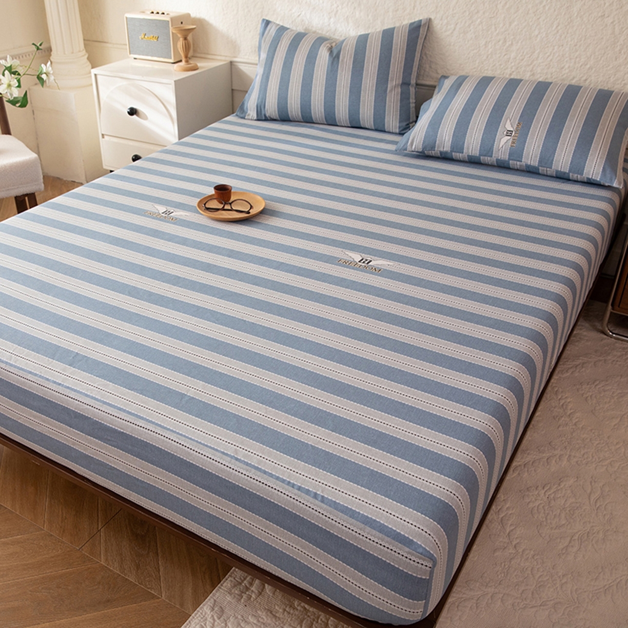 91家纺网 家纺一手货源 找家纺 八十八家纺 2026新款无印风全棉纯棉斜纹条格单床笠床笠单件单品床笠 木夏