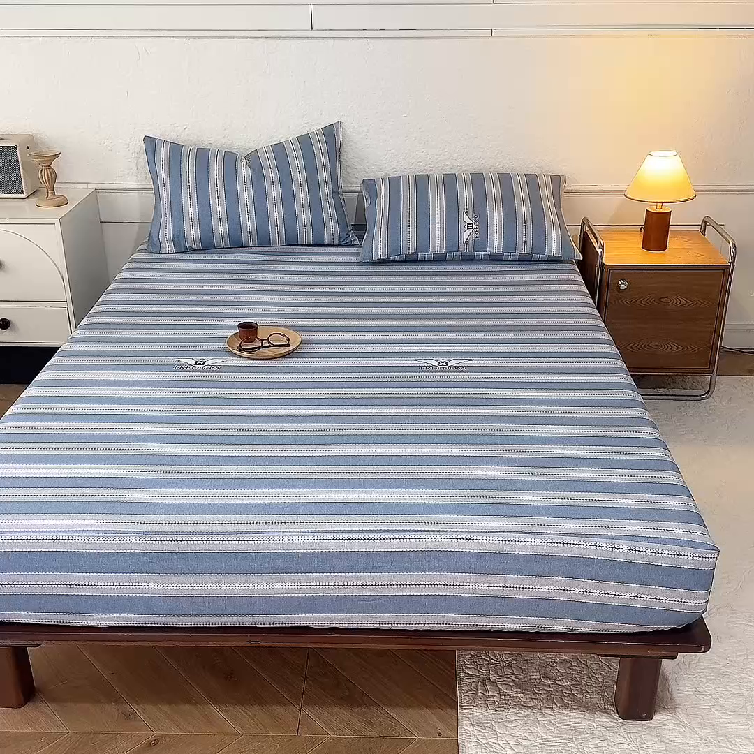 91家纺网 家纺一手货源 找家纺 八十八家纺 2026新款无印风全棉纯棉斜纹条格单床笠床笠单件单品床笠 木夏