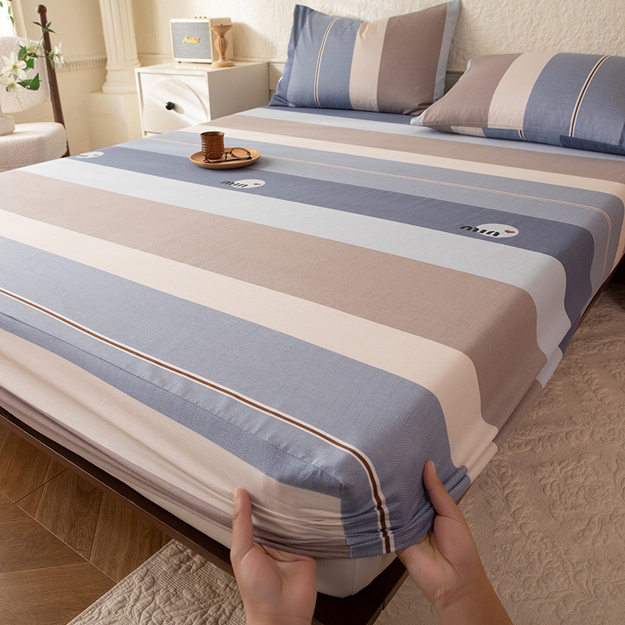 八十八家纺 2026新款无印风全棉纯棉斜纹条格单床笠床笠单件单品床笠 木央