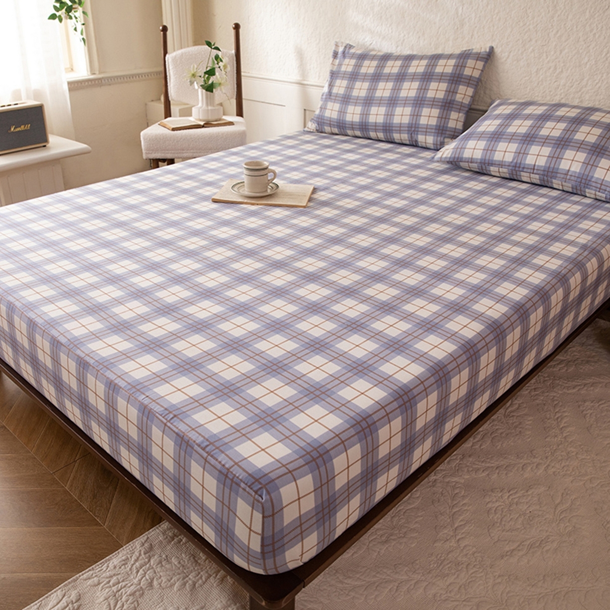 91家纺网 家纺一手货源 找家纺 八十八家纺 2026新款无印风全棉纯棉斜纹条格单床笠床笠单件单品床笠 青岚