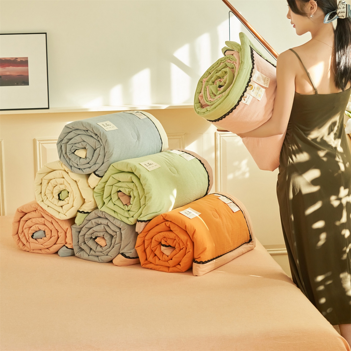 91家纺网 家纺一手货源 找家纺 （总）恒爱家纺 2026新款全棉纯棉纯色双拼夏被四件套夏凉被空调被