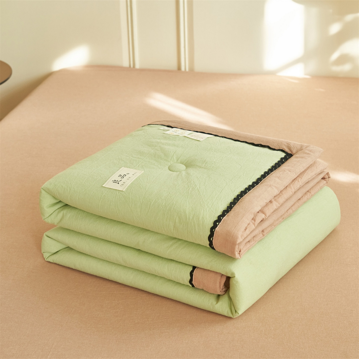 91家纺网 家纺一手货源 找家纺 恒爱家纺 2026新款全棉纯棉纯色双拼夏被四件套夏凉被空调被 抹茶绿