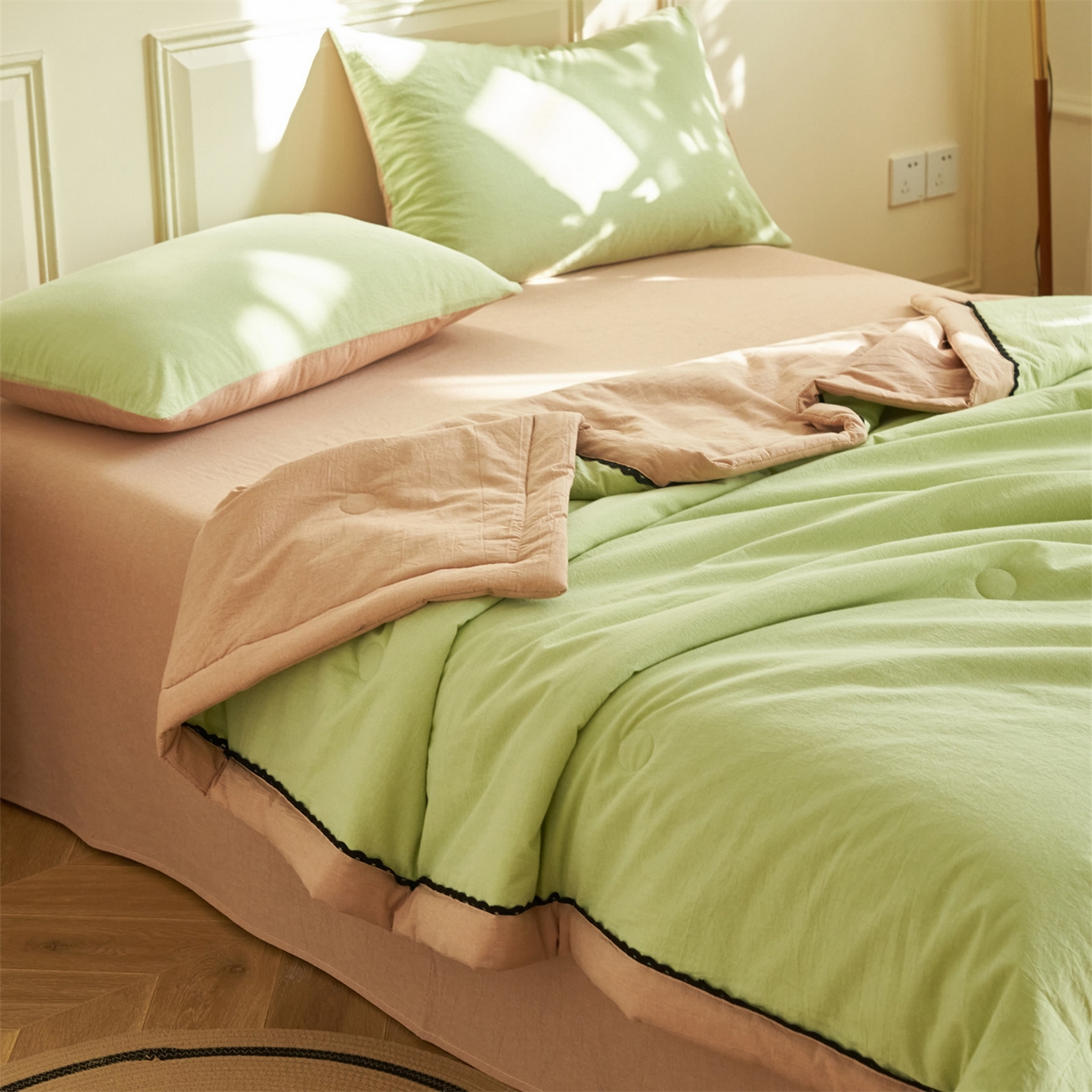 91家纺网 家纺一手货源 找家纺 恒爱家纺 2026新款全棉纯棉纯色双拼夏被四件套夏凉被空调被 抹茶绿