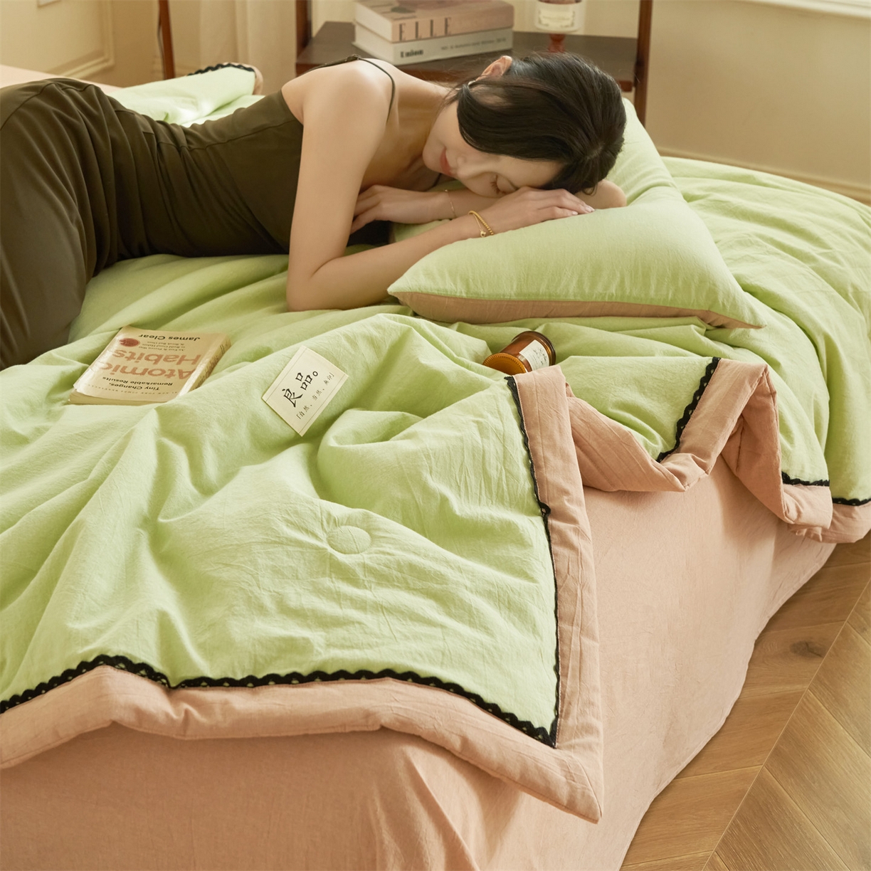 91家纺网 家纺一手货源 找家纺 恒爱家纺 2026新款全棉纯棉纯色双拼夏被四件套夏凉被空调被 抹茶绿