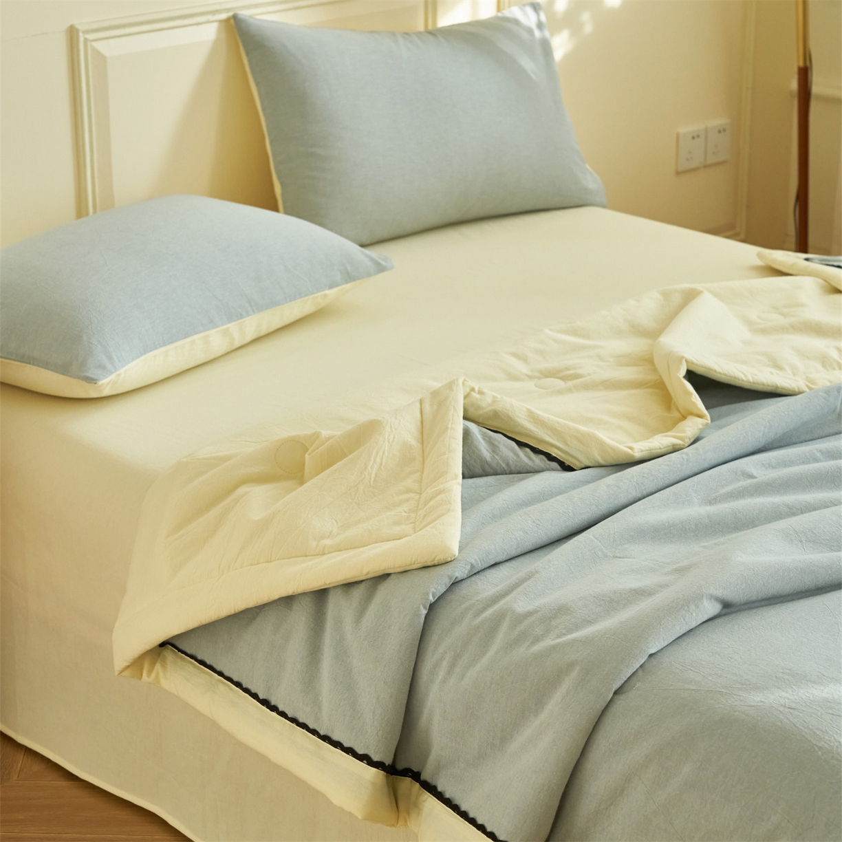 91家纺网 家纺一手货源 找家纺 恒爱家纺 2026新款全棉纯棉纯色双拼夏被四件套夏凉被空调被 绅士灰