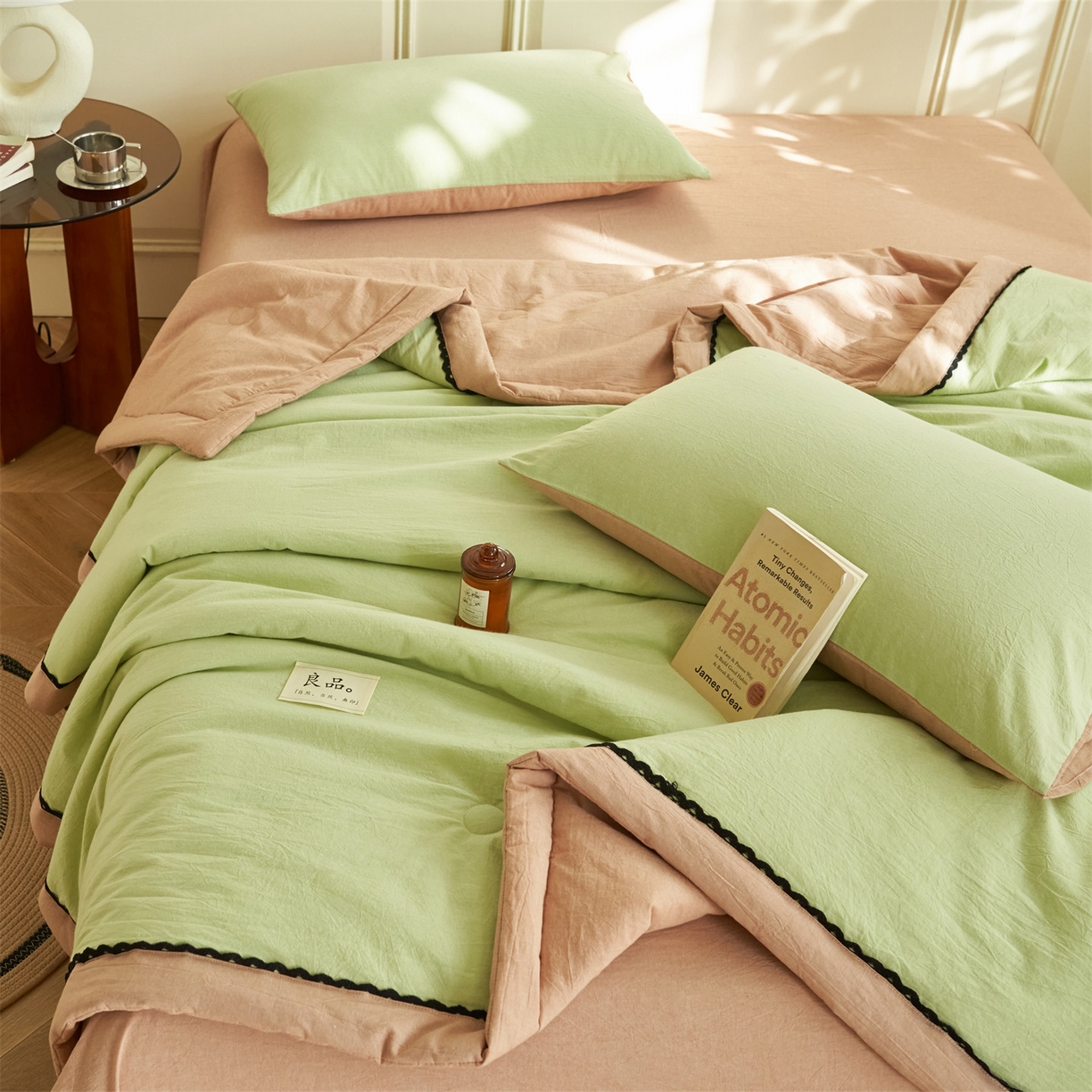 91家纺网 家纺一手货源 找家纺 恒爱家纺 2026新款全棉纯棉纯色双拼夏被四件套夏凉被空调被 抹茶绿