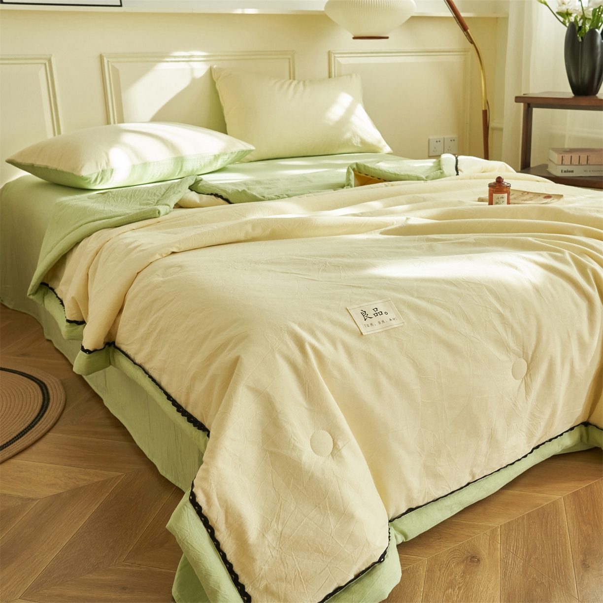 91家纺网 家纺一手货源 找家纺 恒爱家纺 2026新款全棉纯棉纯色双拼夏被四件套夏凉被空调被 象牙白