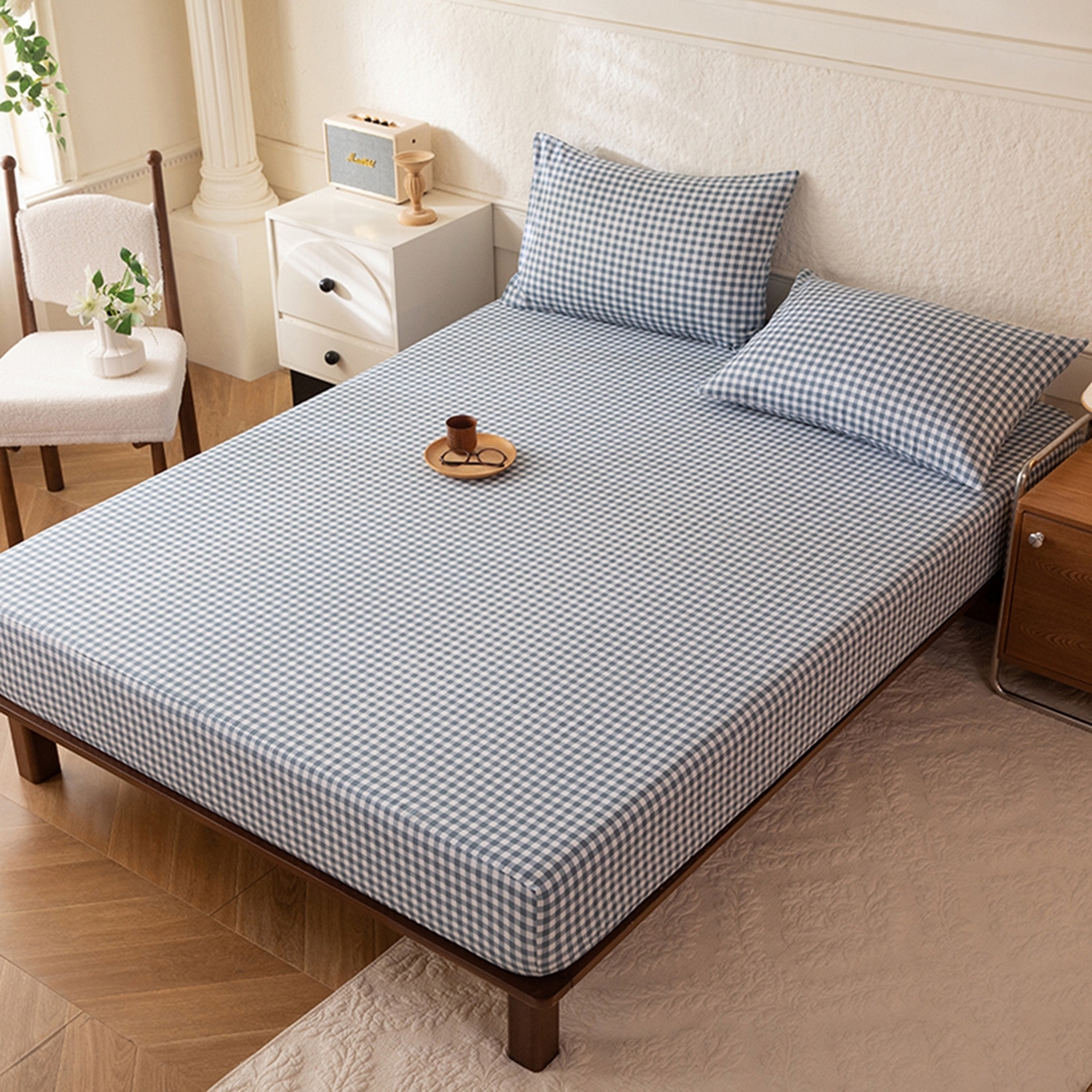 91家纺网 家纺一手货源 找家纺 八十八家纺 2026新款无印风全棉纯棉斜纹条格单床笠床笠单件单品床笠 青田