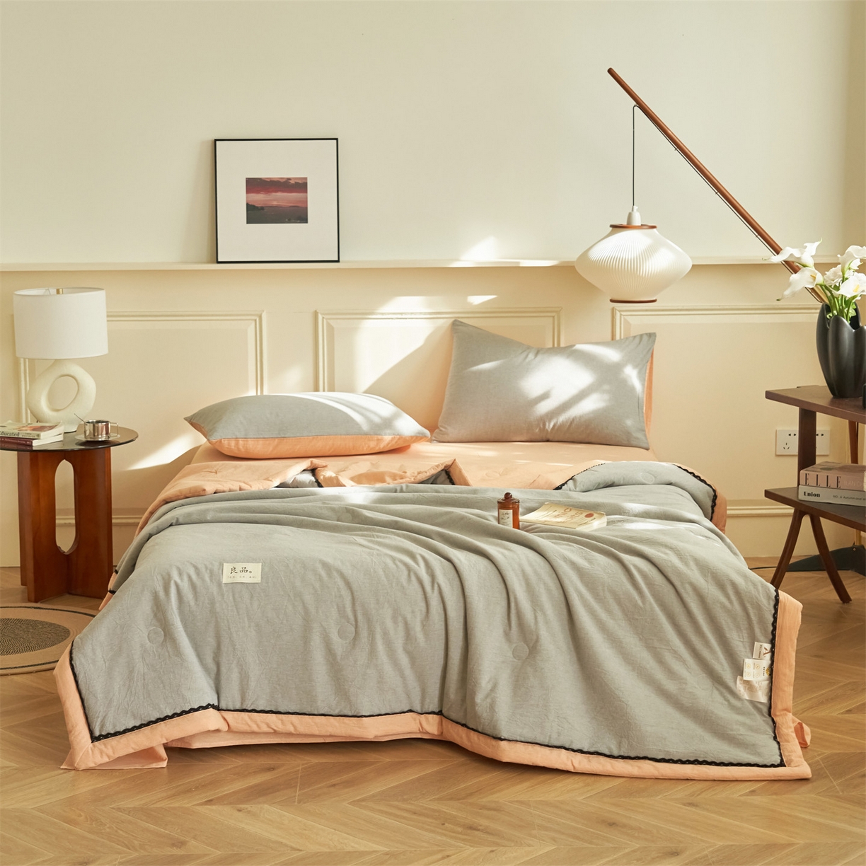 91家纺网 家纺一手货源 找家纺 恒爱家纺 2026新款全棉纯棉纯色双拼夏被四件套夏凉被空调被 深情灰