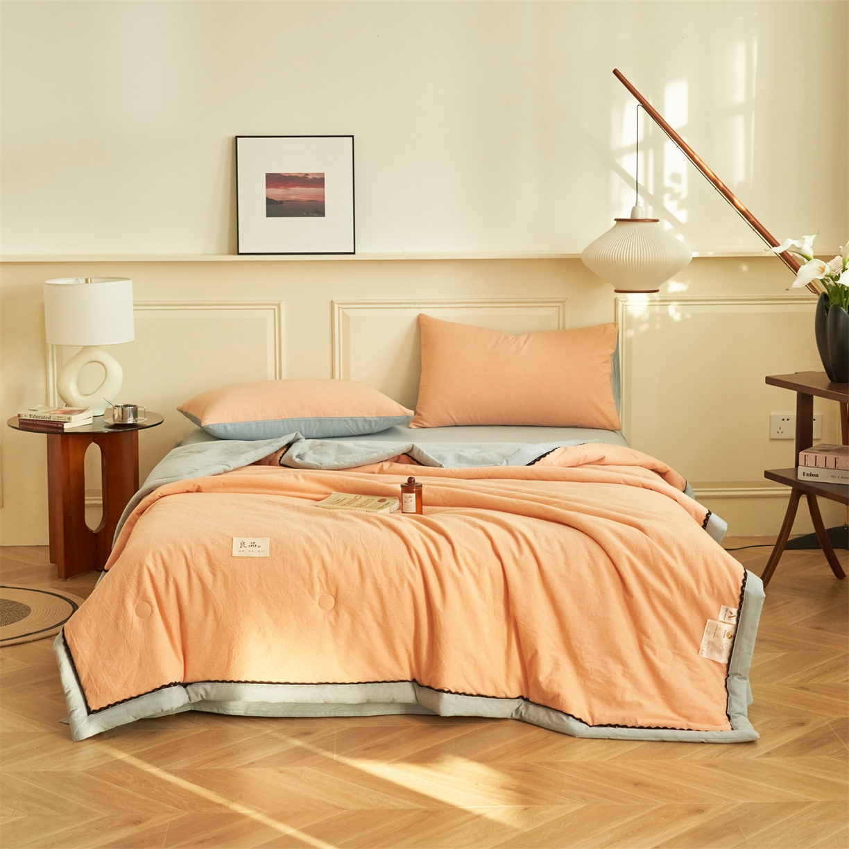 91家纺网 家纺一手货源 找家纺 恒爱家纺 2026新款全棉纯棉纯色双拼夏被四件套夏凉被空调被 美人玉