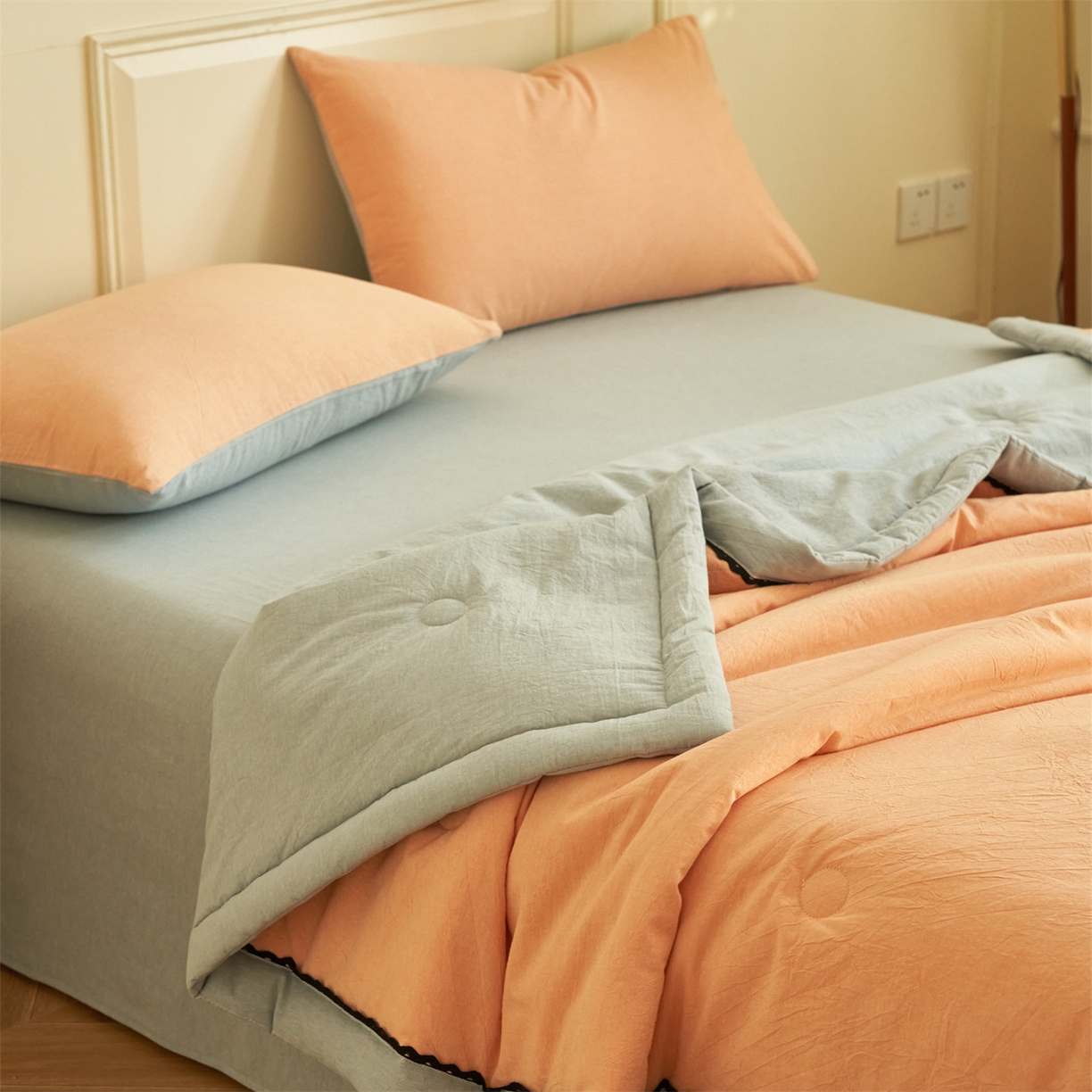 91家纺网 家纺一手货源 找家纺 恒爱家纺 2026新款全棉纯棉纯色双拼夏被四件套夏凉被空调被 美人玉