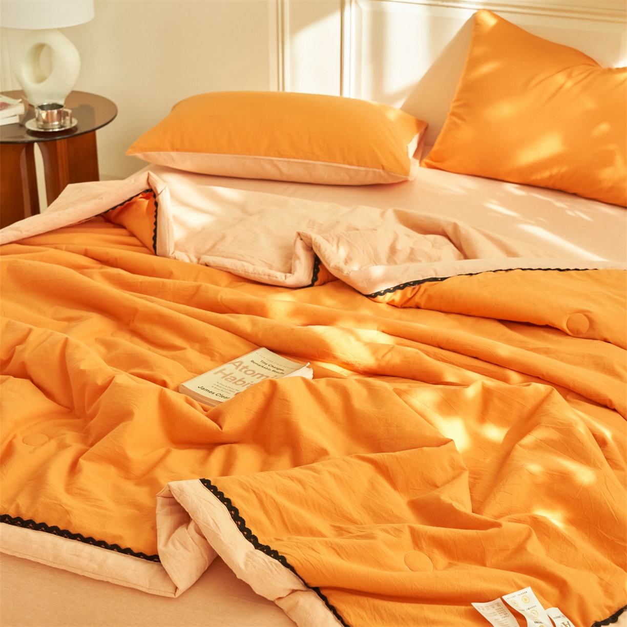 91家纺网 家纺一手货源 找家纺 恒爱家纺 2026新款全棉纯棉纯色双拼夏被四件套夏凉被空调被 佛手黄