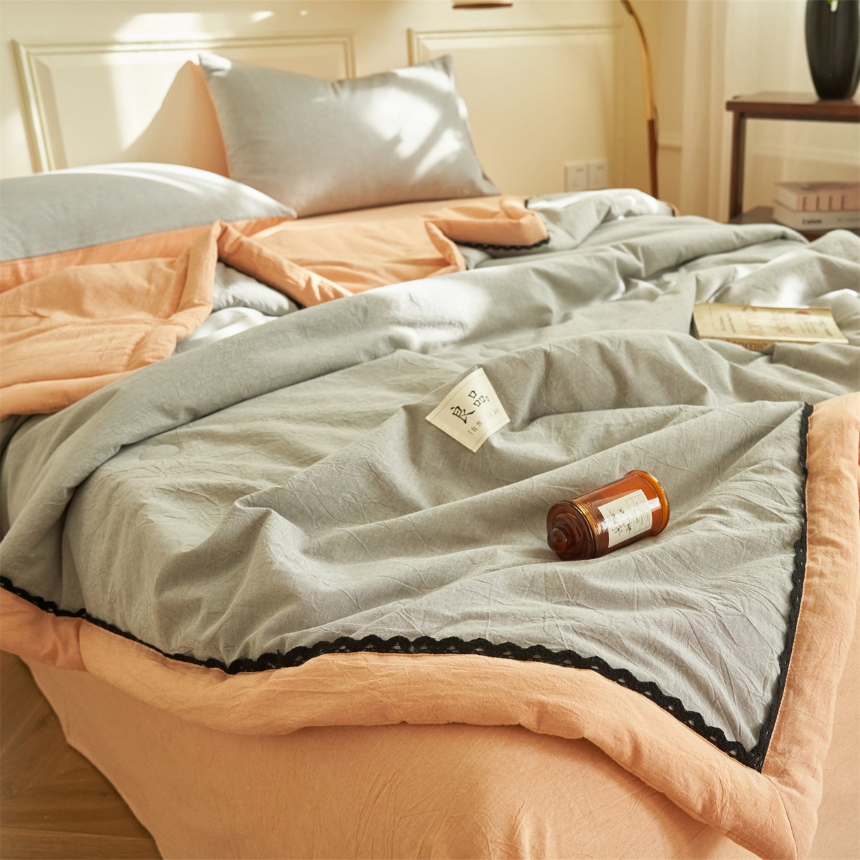 91家纺网 家纺一手货源 找家纺 恒爱家纺 2026新款全棉纯棉纯色双拼夏被四件套夏凉被空调被 深情灰