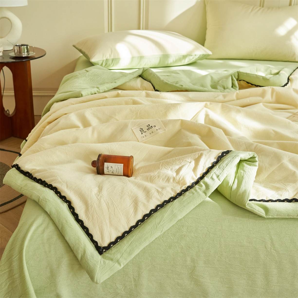 91家纺网 家纺一手货源 找家纺 恒爱家纺 2026新款全棉纯棉纯色双拼夏被四件套夏凉被空调被 象牙白