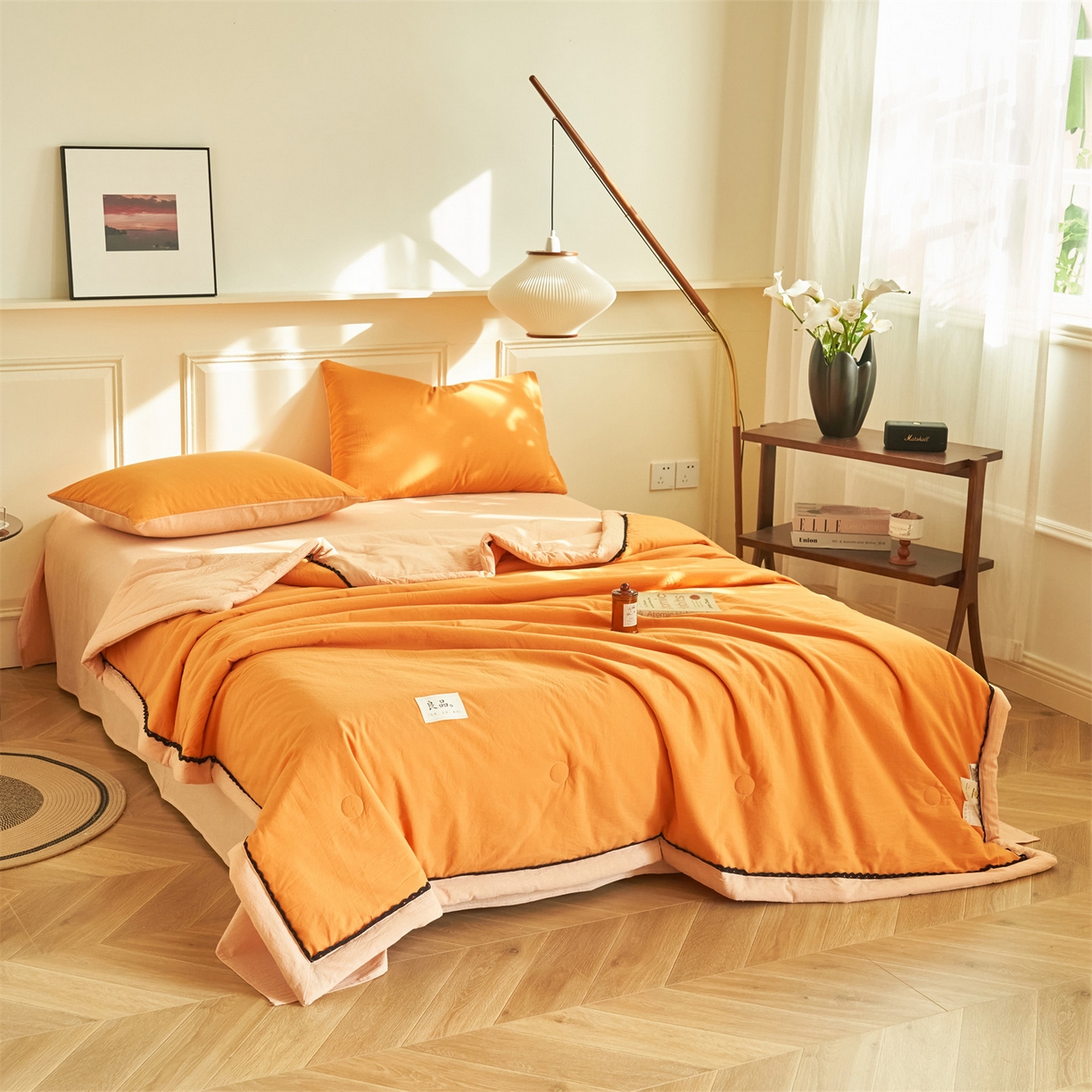 91家纺网 家纺一手货源 找家纺 恒爱家纺 2026新款全棉纯棉纯色双拼夏被四件套夏凉被空调被 佛手黄