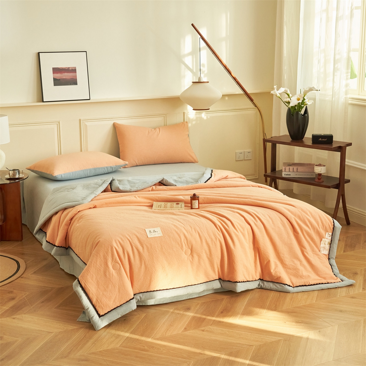 91家纺网 家纺一手货源 找家纺 恒爱家纺 2026新款全棉纯棉纯色双拼夏被四件套夏凉被空调被 美人玉