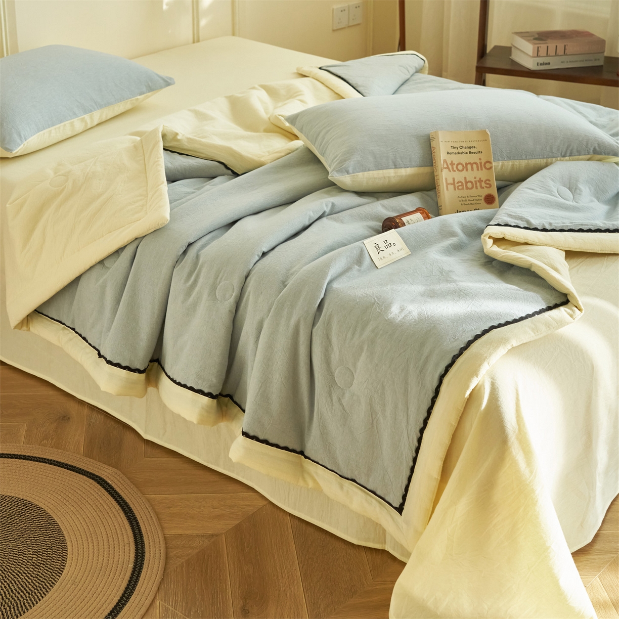 91家纺网 家纺一手货源 找家纺 恒爱家纺 2026新款全棉纯棉纯色双拼夏被四件套夏凉被空调被 绅士灰